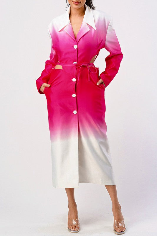 ATHINA Stylish White/Pink Color gradient Trench Dress Coat with front buttons