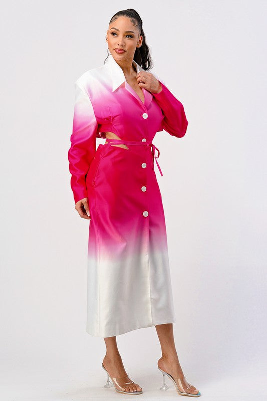 ATHINA Stylish White/Pink Color gradient Trench Dress Coat with front buttons