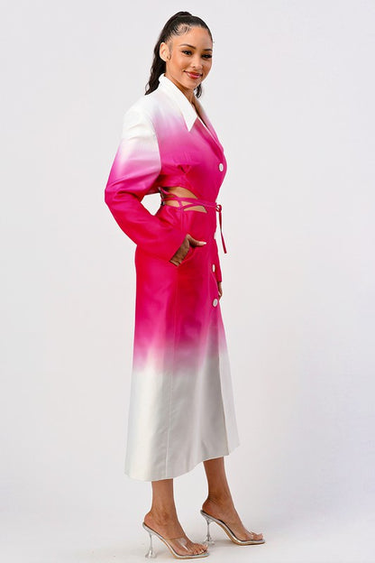 ATHINA Stylish White/Pink Color gradient Trench Dress Coat with front buttons