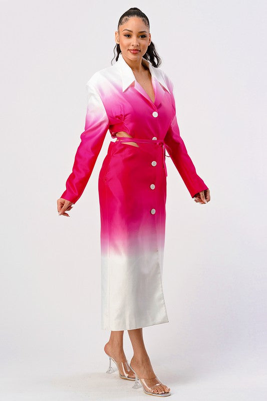 ATHINA Stylish White/Pink Color gradient Trench Dress Coat with front buttons