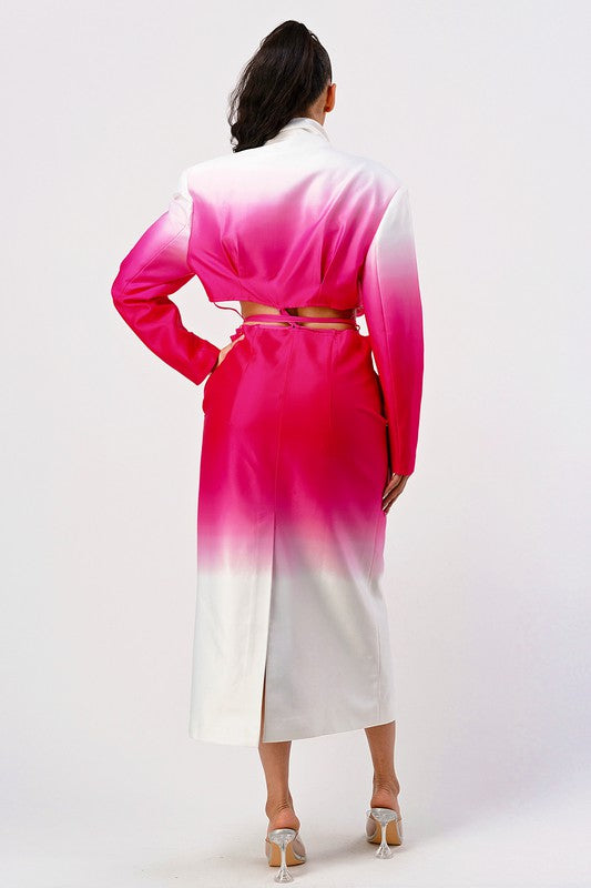 ATHINA Stylish White/Pink Color gradient Trench Dress Coat with front buttons