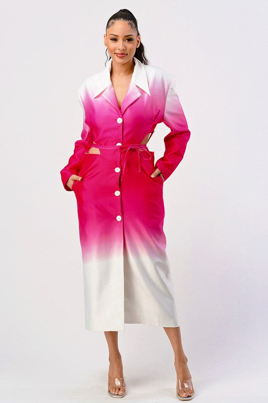 ATHINA Stylish White/Pink Color gradient Trench Dress Coat with front buttons