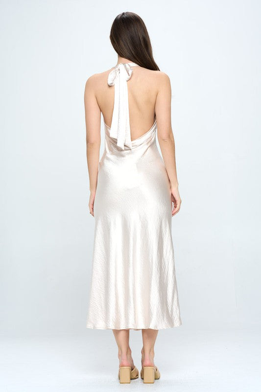 ONE & ONLY COLLECTIVE Romantic Champagne Satin Draped Halter Neck Formal Dress