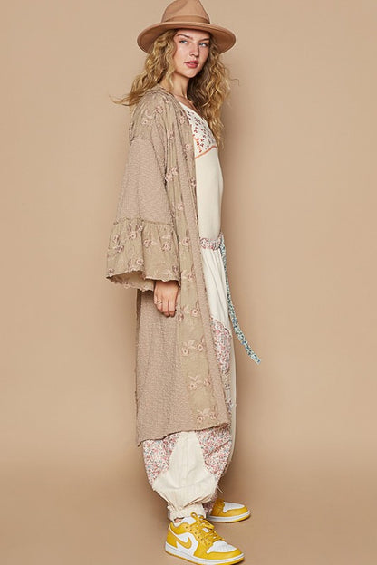 POL Women's Khaki Flower Lace Trim Open Front Boho Longline Cardigan