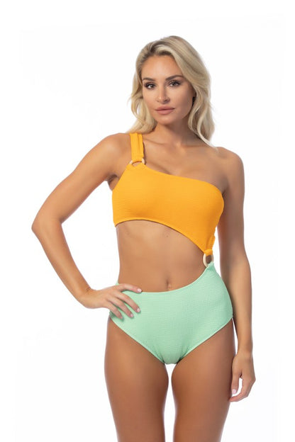 BEACH JOY Textured Two tone One Piece One Shoulder Swimsuit