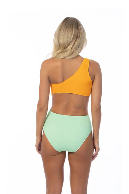 BEACH JOY Textured Two tone One Piece One Shoulder Swimsuit