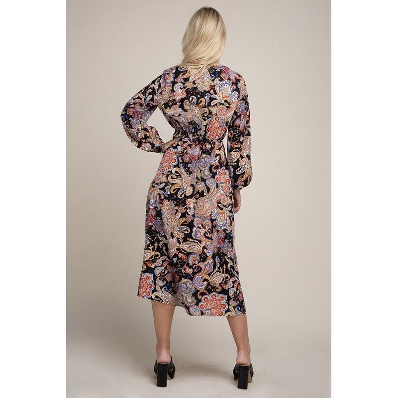 NUVI APPAREL Paisley Print Shirred Waist A-line Dress