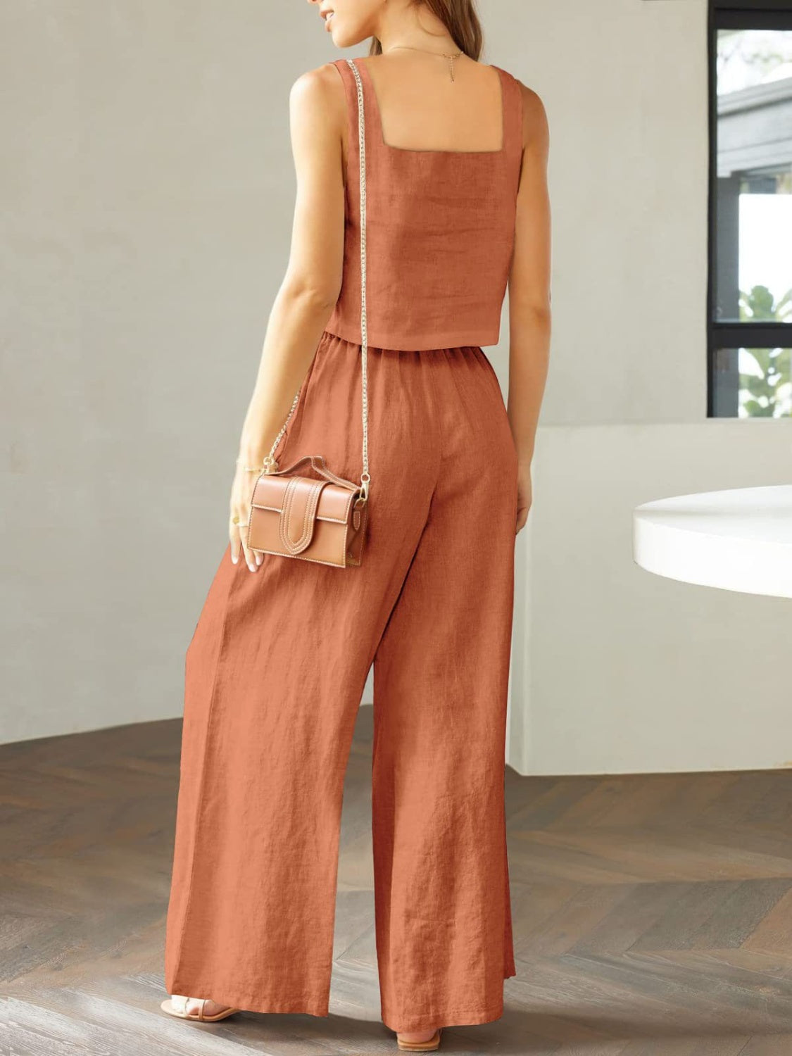 Stylish 2 Piece Square Neck Top and Wide Leg Pants Set