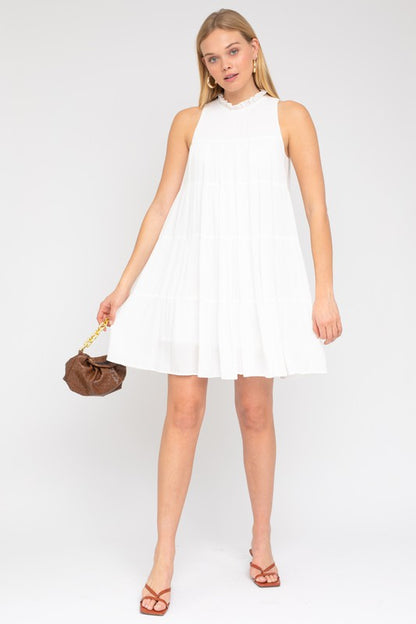 GILLI Casual Elegant White Sleeveless Ruffle Neck Tiered Dress