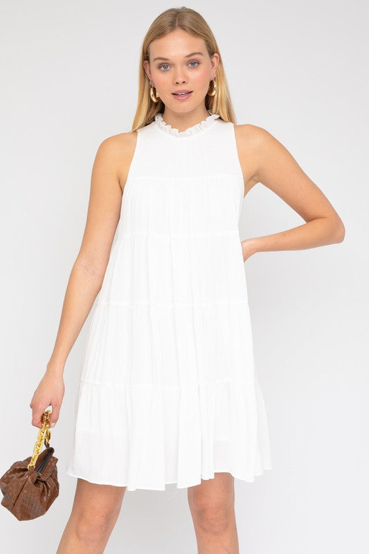 GILLI Casual Elegant White Sleeveless Ruffle Neck Tiered Dress