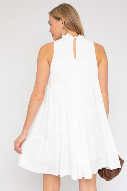 GILLI Casual Elegant White Sleeveless Ruffle Neck Tiered Dress