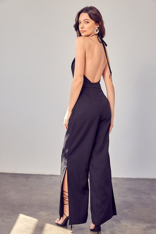 DO + BE COLLECTION Deep V-Neck Wide Leg Jumpsuit