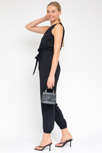 GILLI Black One Shoulder belted Jogger Jumpsuit