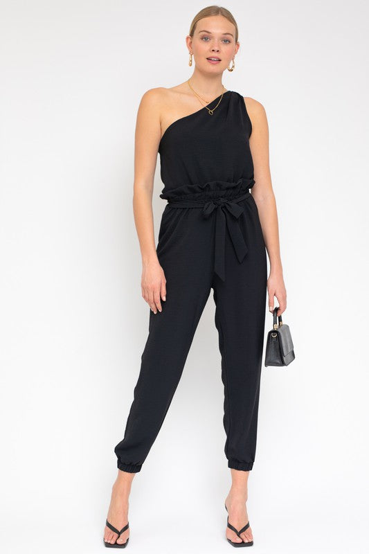 GILLI Black One Shoulder belted Jogger Jumpsuit