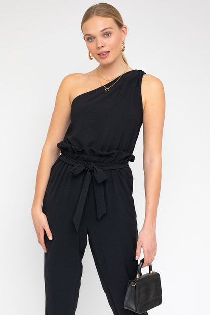 GILLI Black One Shoulder belted Jogger Jumpsuit