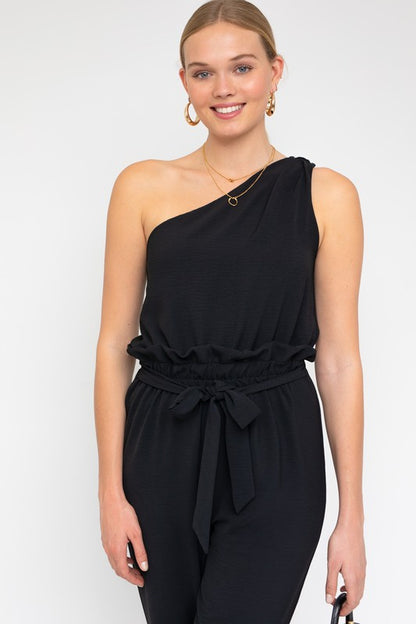 GILLI Black One Shoulder belted Jogger Jumpsuit