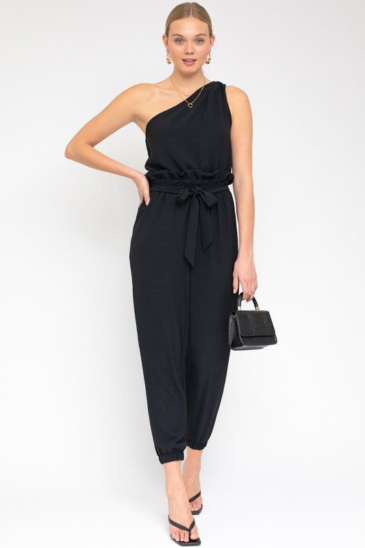 GILLI Black One Shoulder belted Jogger Jumpsuit