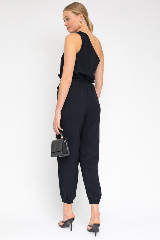 GILLI Black One Shoulder belted Jogger Jumpsuit