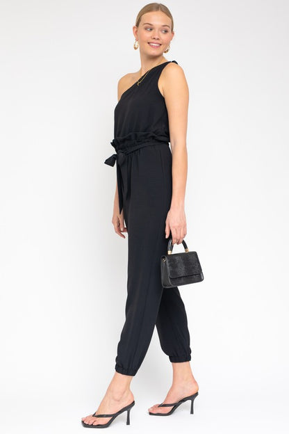 GILLI Black One Shoulder belted Jogger Jumpsuit