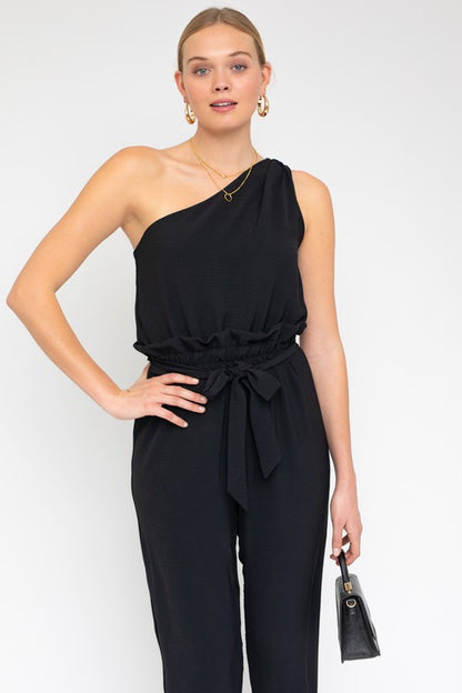 GILLI Black One Shoulder belted Jogger Jumpsuit