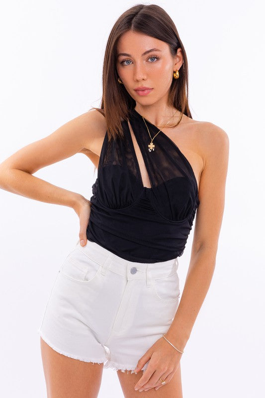 LE LIS One Shoulder Detail Mesh Bodysuit