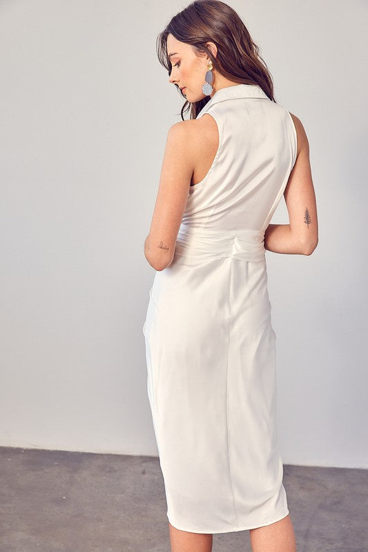 DO + BE COLLECTION Off-white Sleeveless Collared Front Tie Dress