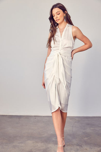 DO + BE COLLECTION Off-white Sleeveless Collared Front Tie Dress