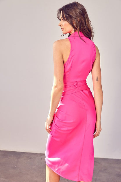 DO + BE COLLECTION Hot Pink Sleeveless Collar Front Tie Dress