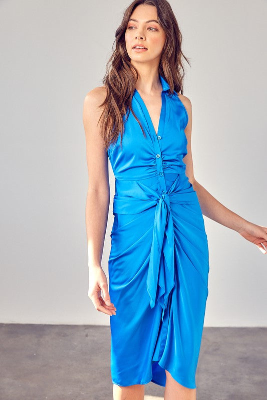 DO + BE COLLECTION Maldives Blue Sleeveless Collar Front Tie Dress