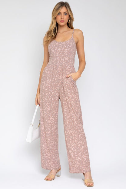 GILLI Taupe-Ivory Dot Sleeveless Scoop Neck Wide Leg Jumpsuit