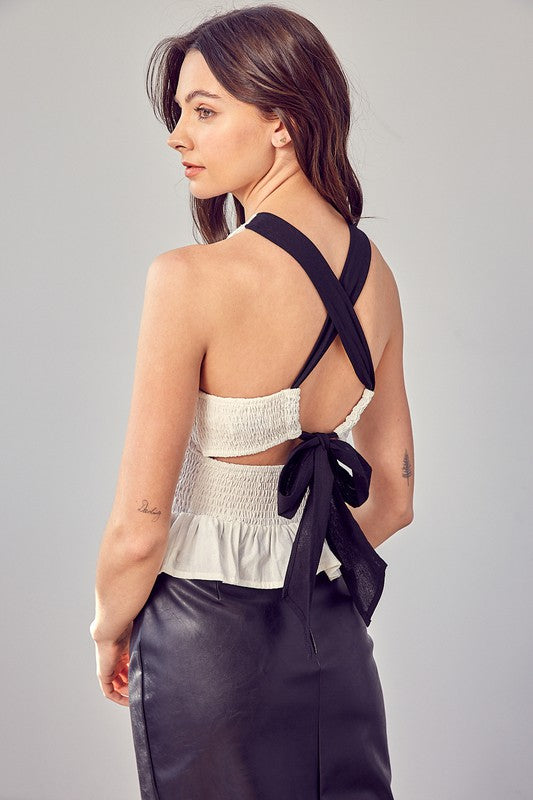 DO + BE COLLECTION Cute White Smocked Criss Cross Back Top