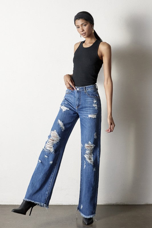 INSANE GENE Medium Wash Distressed Dad Jeans