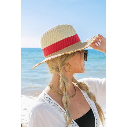 AILI'S CORNER Fray-Edge Color Block Straw Panama Fedora Hat