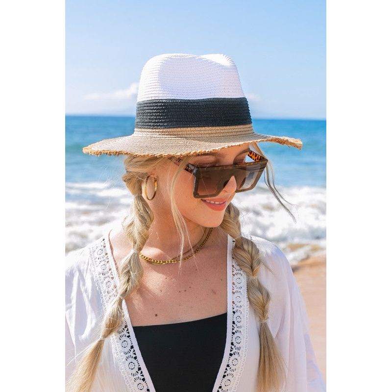 AILI'S CORNER Fray-Edge Color Block Straw Panama Fedora Hat