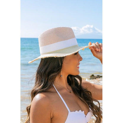 AILI'S CORNER Fray-Edge Color Block Straw Panama Fedora Hat