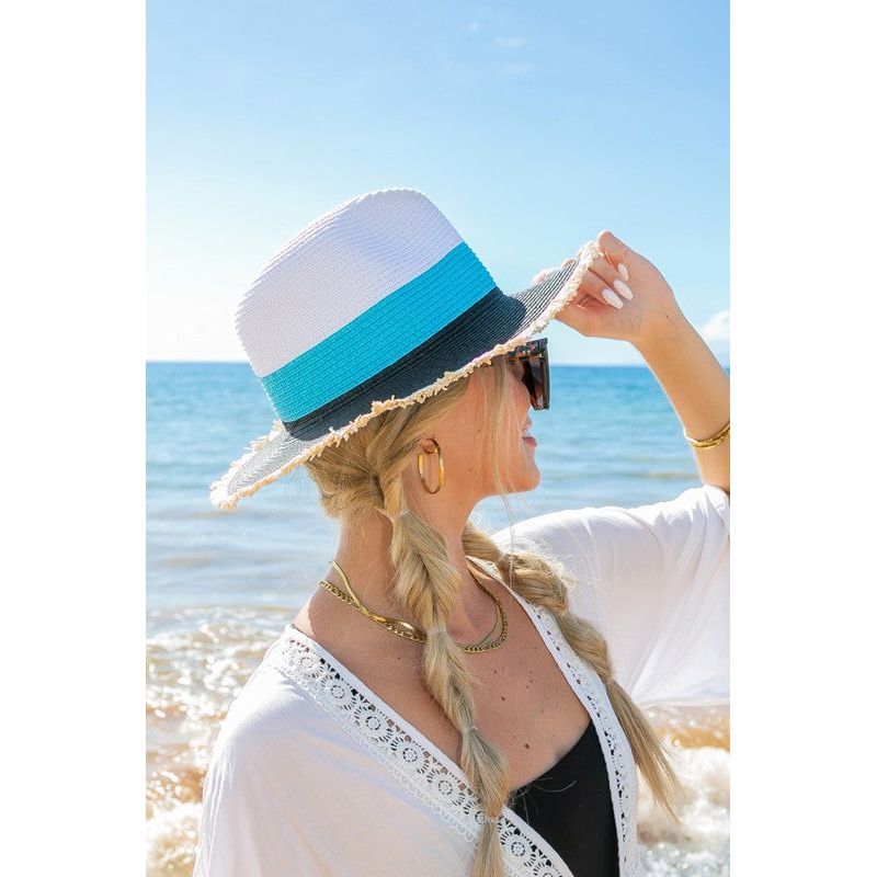 AILI'S CORNER Fray-Edge Color Block Straw Panama Fedora Hat