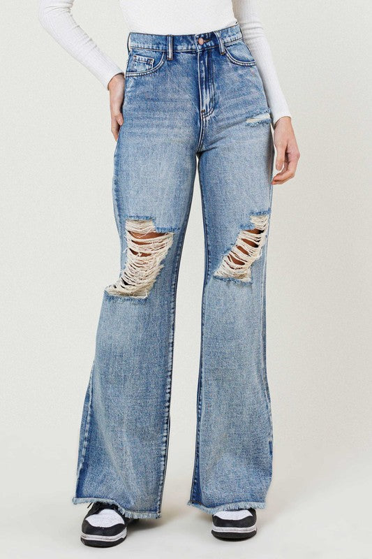 VIBRANT M.I.U. High Rise Wide Leg Denim Jeans in a Vintage Acid Wash