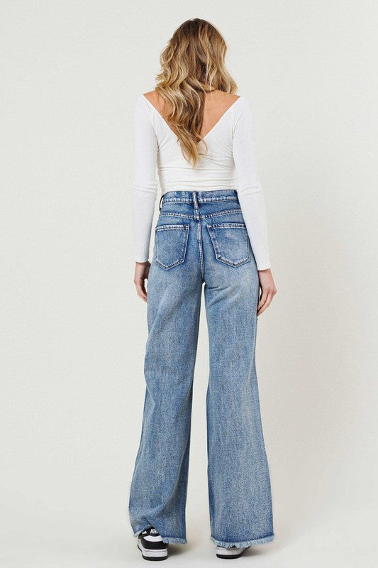 VIBRANT M.I.U. High Rise Wide Leg Denim Jeans in a Vintage Acid Wash