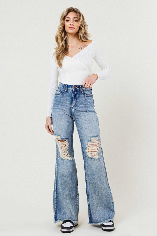 VIBRANT M.I.U. High Rise Wide Leg Denim Jeans in a Vintage Acid Wash