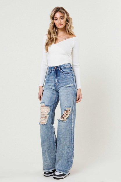 VIBRANT M.I.U. High Rise Wide Leg Denim Jeans in a Vintage Acid Wash