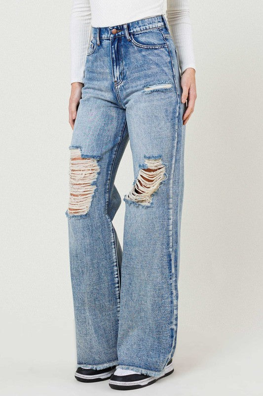 VIBRANT M.I.U. High Rise Wide Leg Denim Jeans in a Vintage Acid Wash