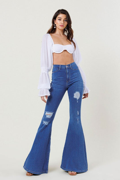 VIBRANT M.I.U. Edgy High-Rise Distressed Flare Jeans