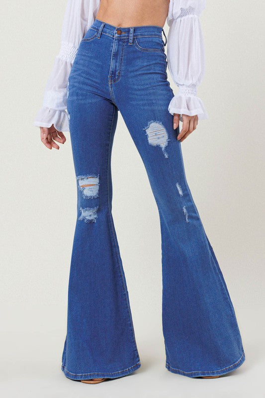 VIBRANT M.I.U. Edgy High-Rise Distressed Flare Jeans