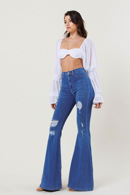 VIBRANT M.I.U. Edgy High-Rise Distressed Flare Jeans