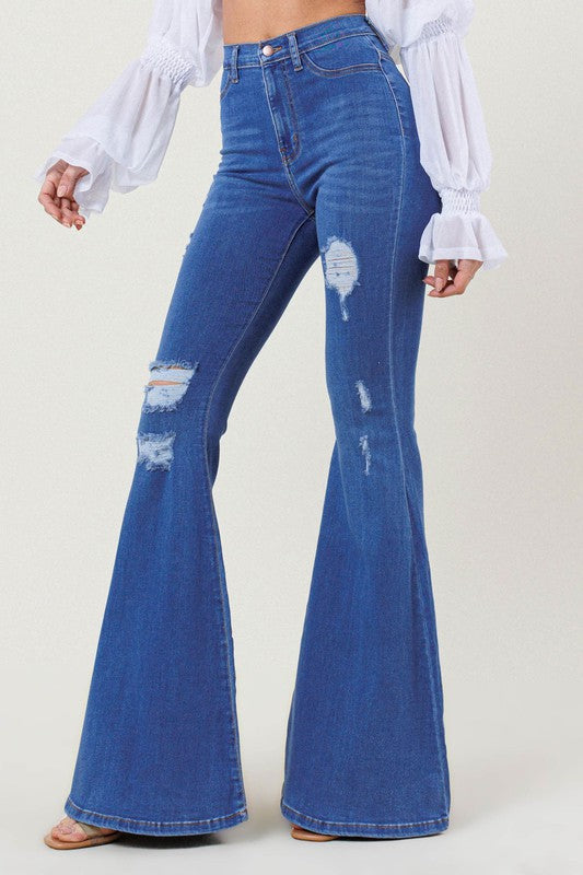 VIBRANT M.I.U. Edgy High-Rise Distressed Flare Jeans