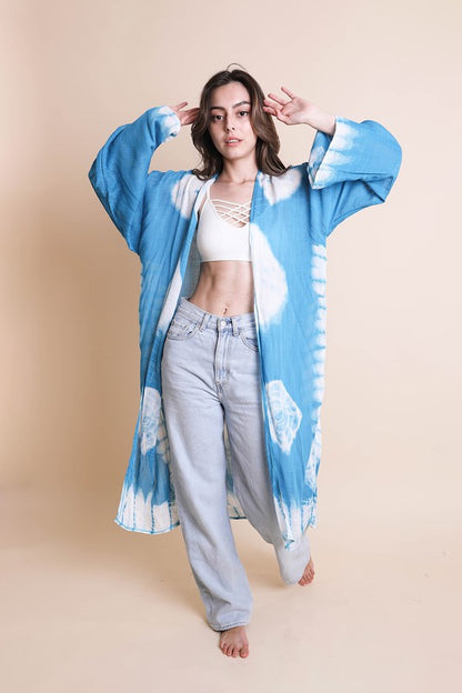 LETO Tie-Dye Longline Kimono with Full Sleeves