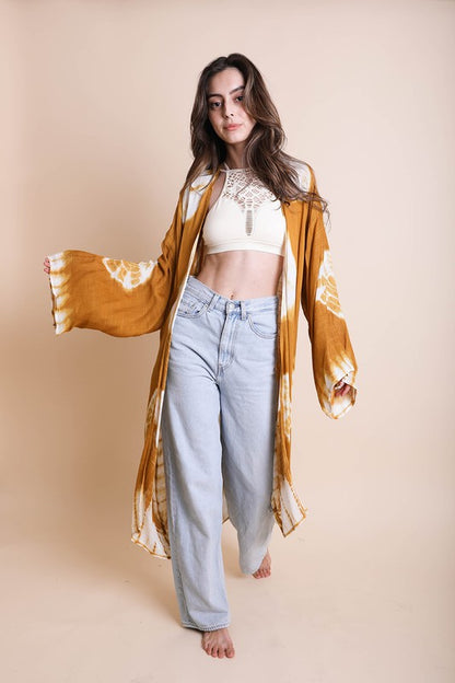 LETO Tie-Dye Longline Kimono with Full Sleeves