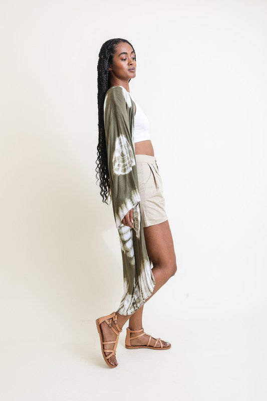 LETO Tie-Dye Longline Kimono with Full Sleeves