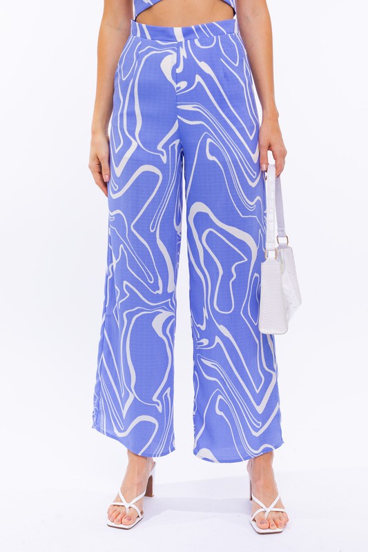 LE LIS Light Blue Straight Pants with Abstract Print