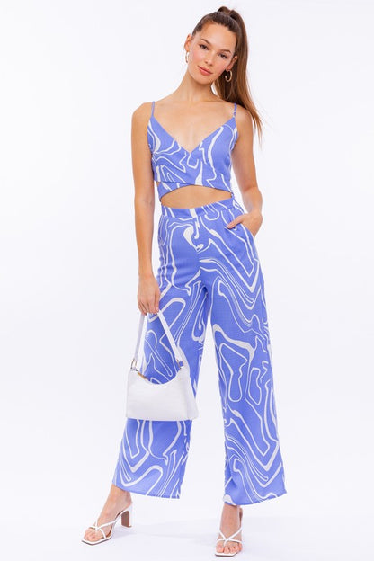 LE LIS Light Blue Straight Pants with Abstract Print